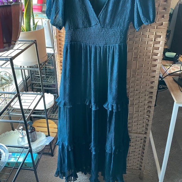 Lulus Tier to Please Dark Teal Puff Sleeve Swiss Dot Midi Dress M - Picture 6 of 8